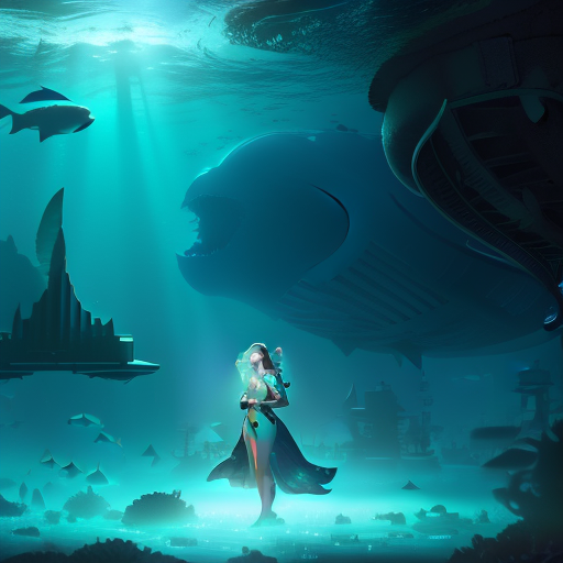 The marine biologist, now deep under the sea, stands awe-struck amidst an ethereal underwater city, her incredulous gaze meeting with the opalescent eyes of the mythical sea creature.